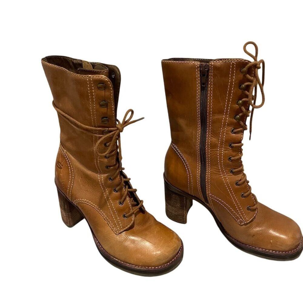 RARE Skechers Women's Vintage Y2K Tan Brown Ankle Boots stacked heel Sz 6 boho